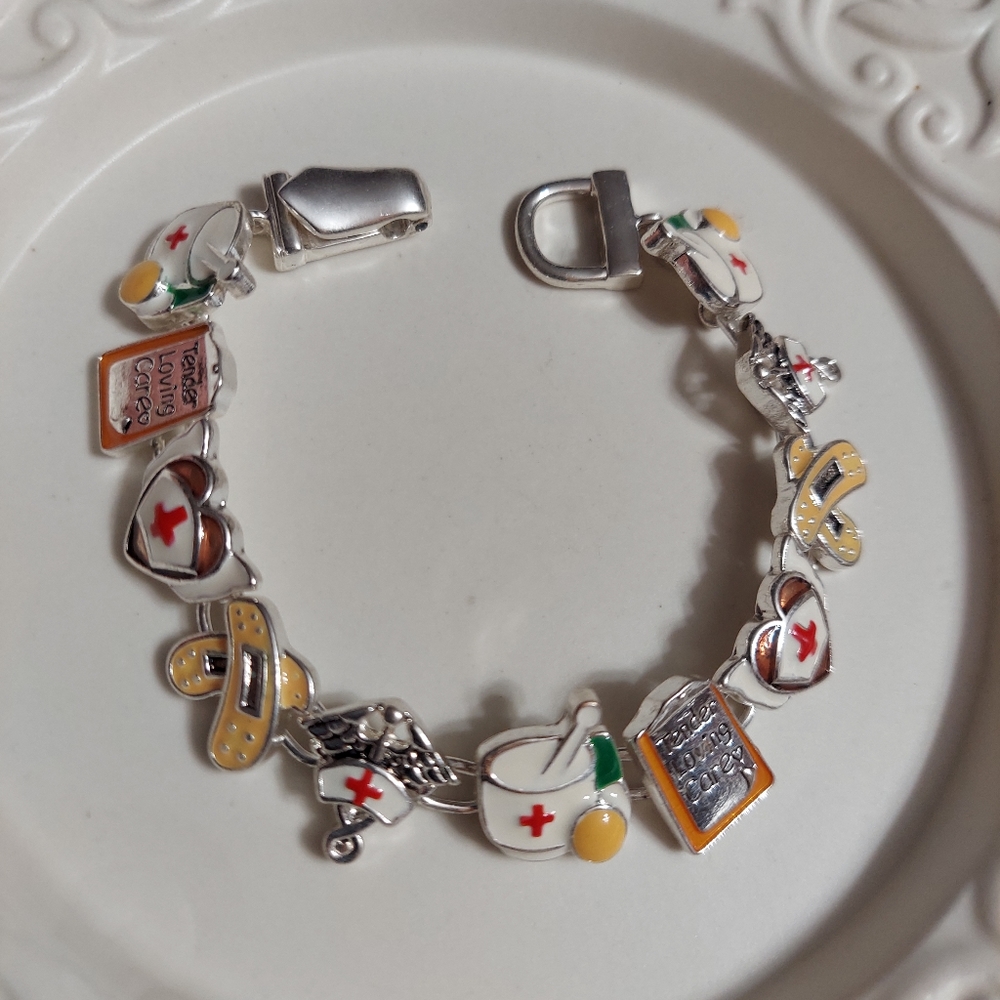 Textured Silver Tone/Nurse's Enamel Medical Charm Bracelet